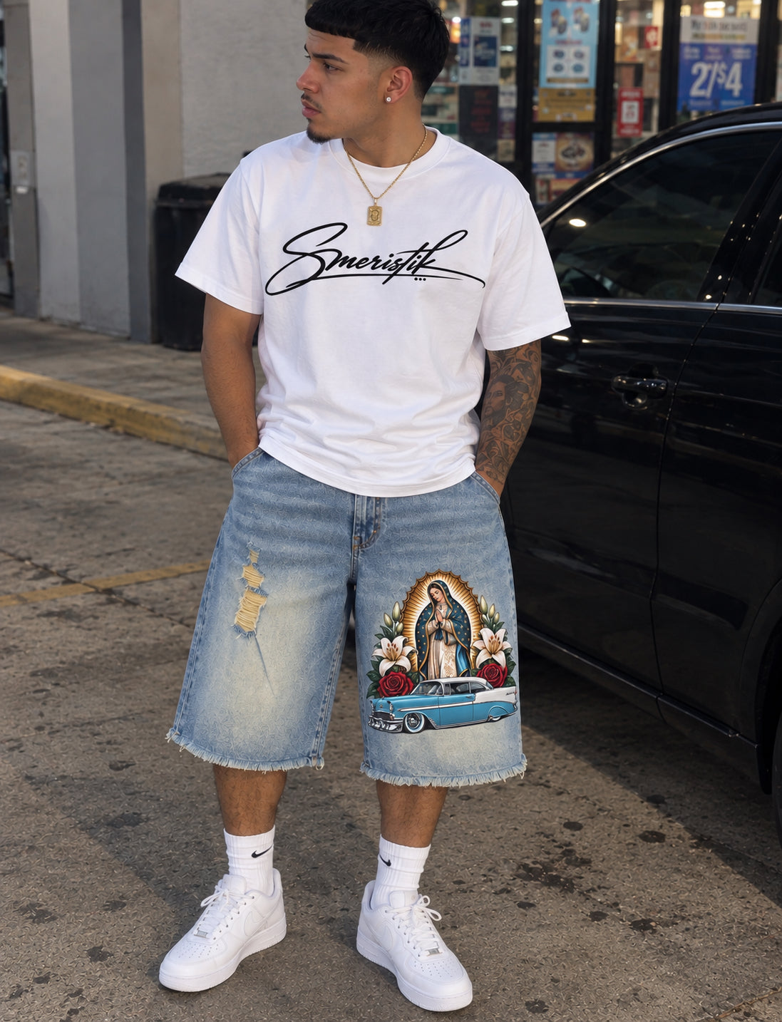Smeristik Faded Distressed Baggy Denim Shorts